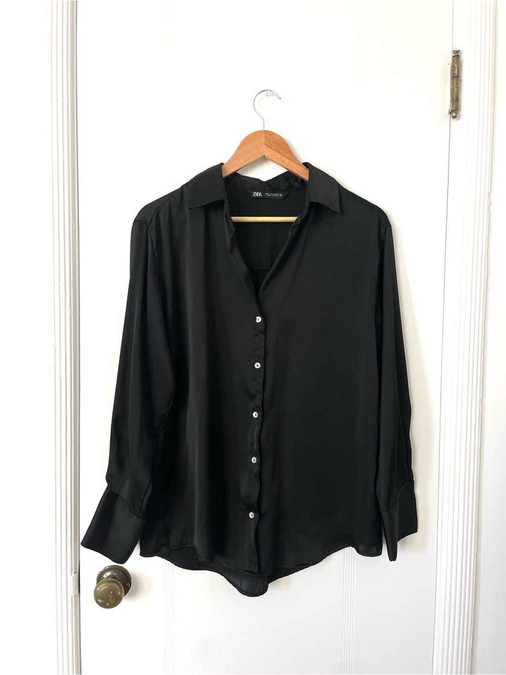 Zara Black Satin-Look Women's Button-Up Blouse